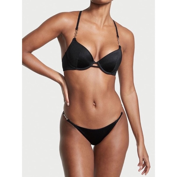 VICTORIA’S SECRET Black Bikini Set Top Bottoms Underwire Push Up 34D / Medium - Picture 1 of 16